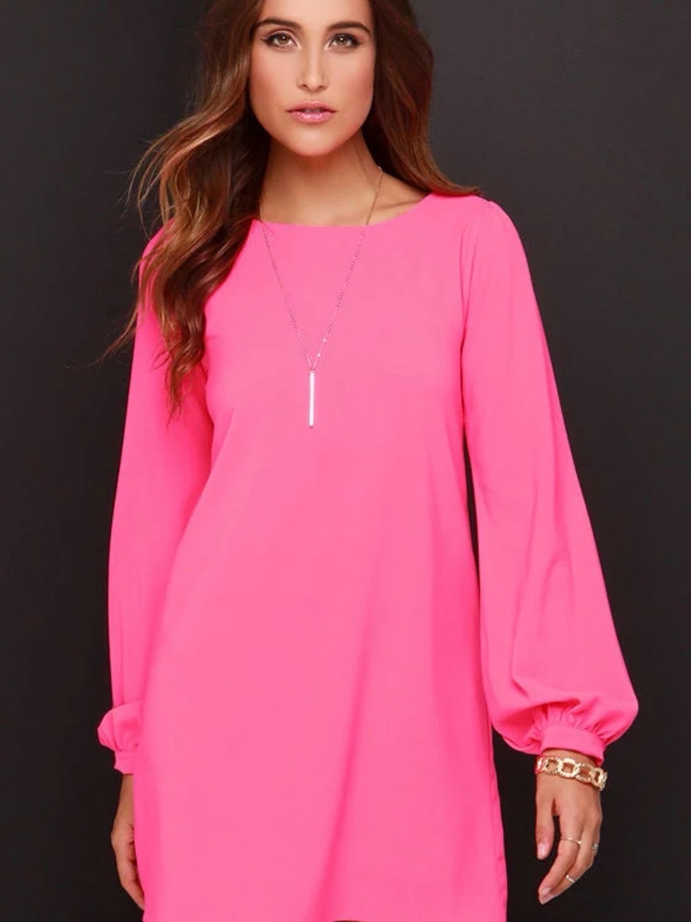 Hot Pink Long Sleeve Shift Dress